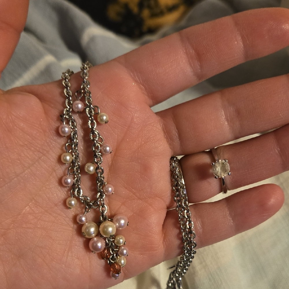 Silver and Faux Pearl Necklace & Ring